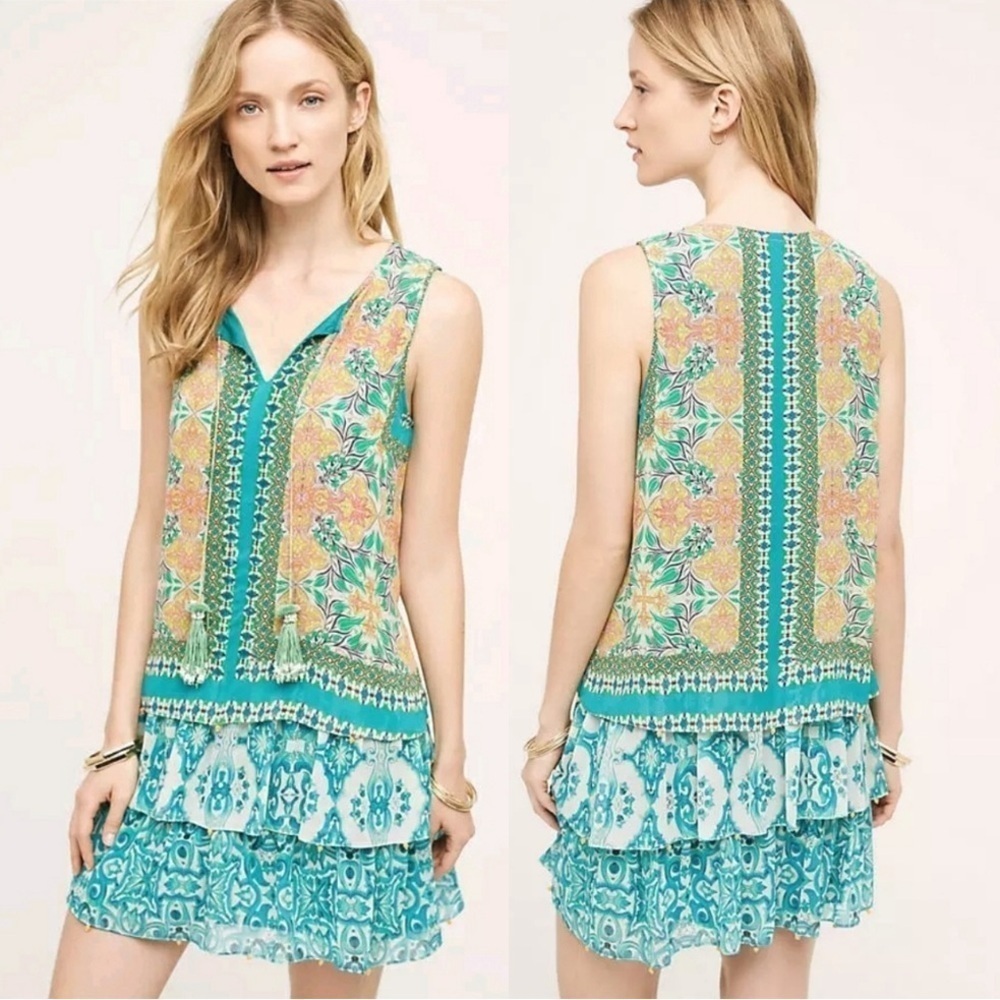 Anthropologie Hemant & Nandita Moana Silk Beaded Tiered Dress Sz S